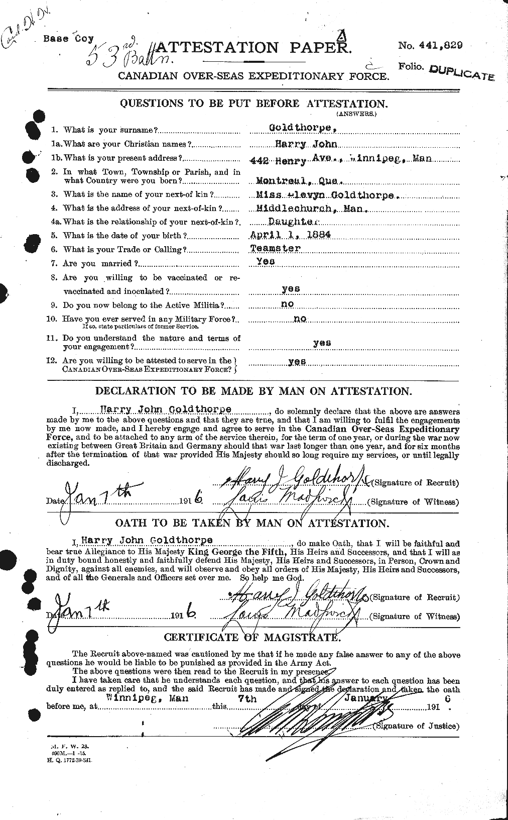 Dossiers du Personnel de la Première Guerre mondiale - CEC 354164a