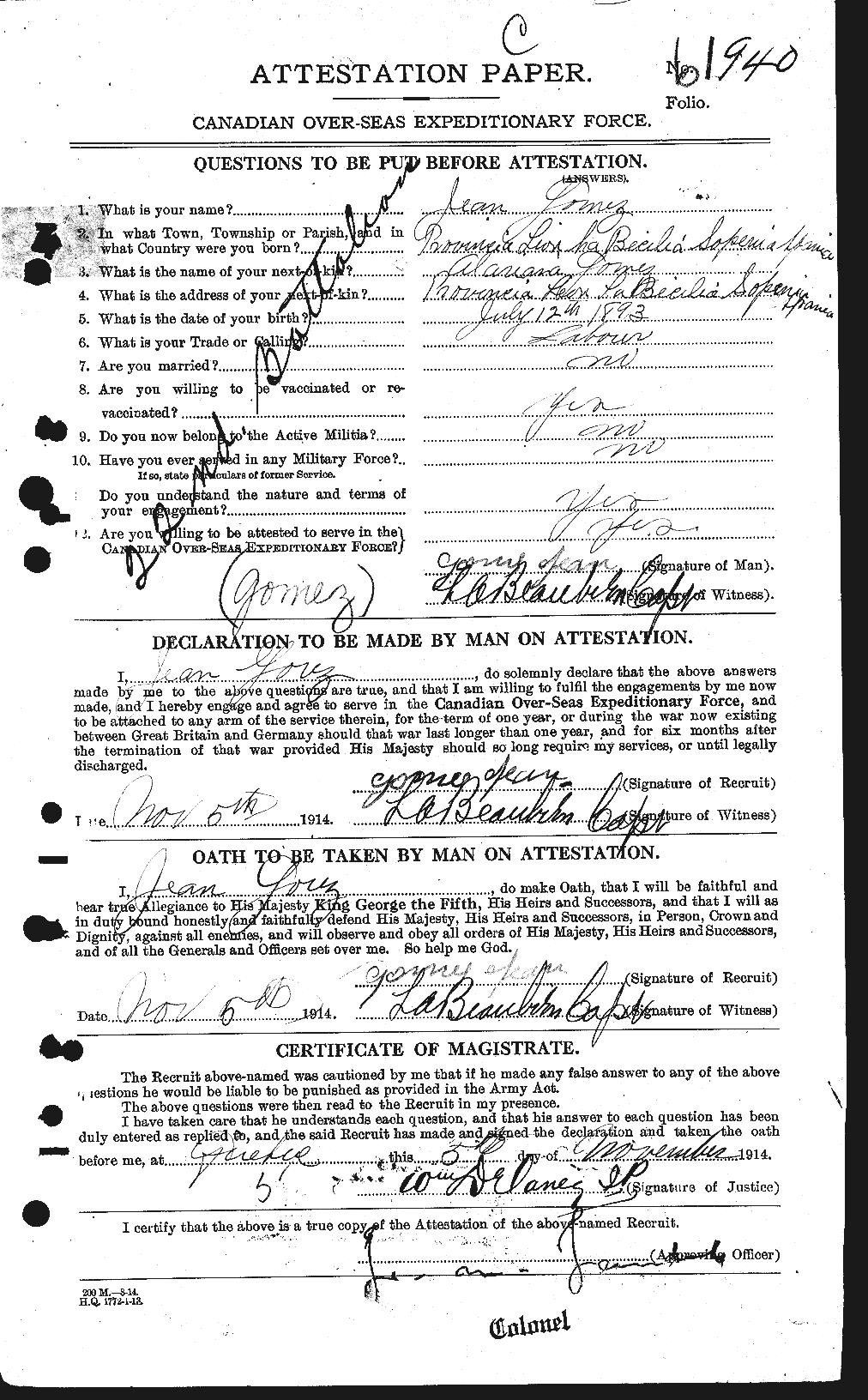Dossiers du Personnel de la Première Guerre mondiale - CEC 354840a