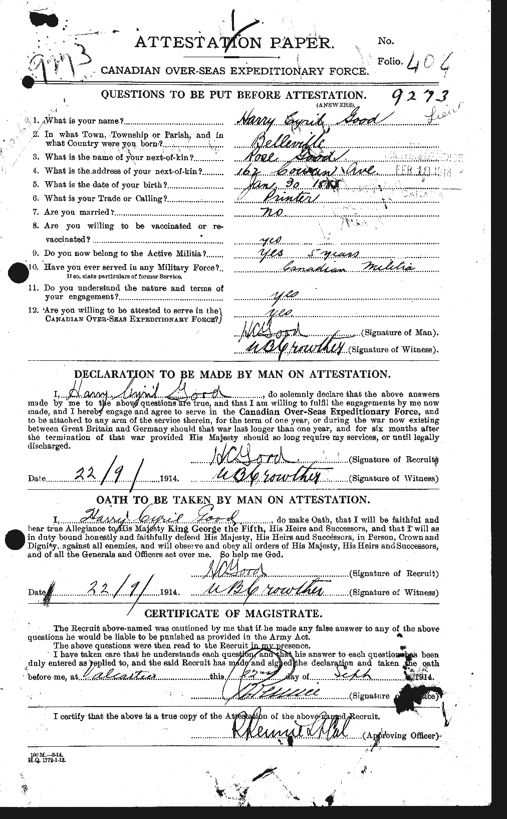 Dossiers du Personnel de la Première Guerre mondiale - CEC 354960a