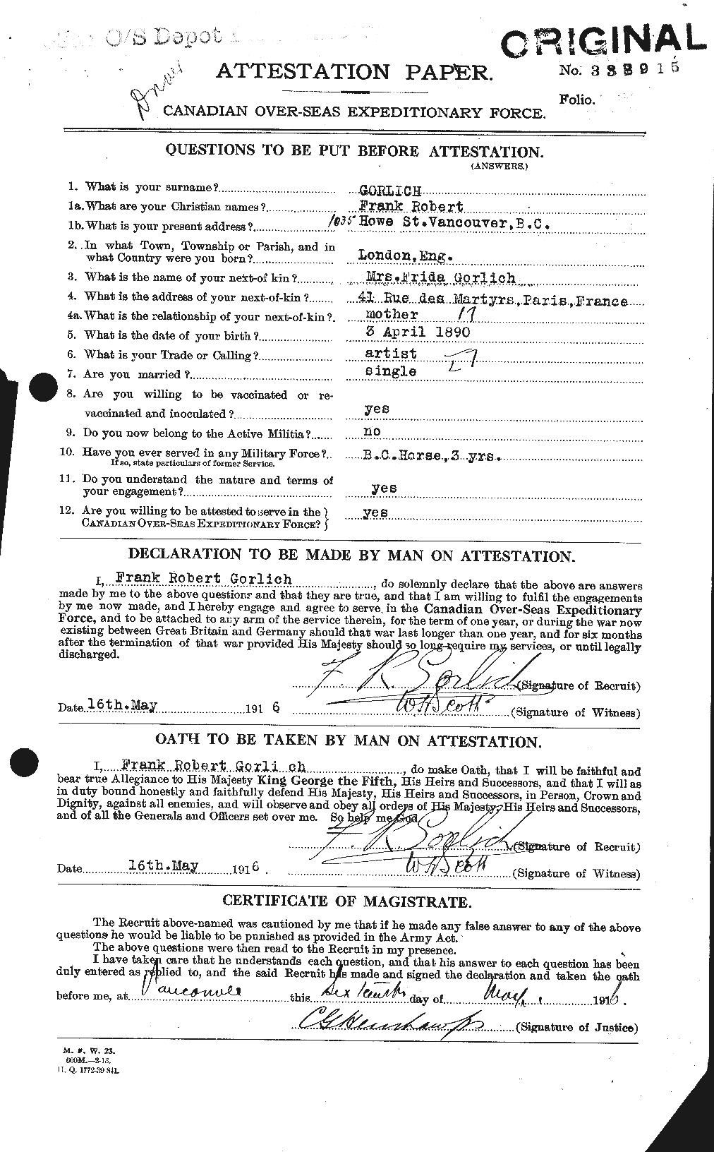 Dossiers du Personnel de la Première Guerre mondiale - CEC 356764a