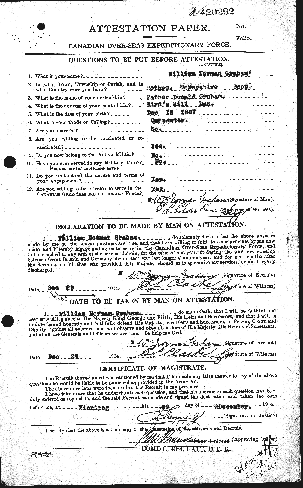 Dossiers du Personnel de la Première Guerre mondiale - CEC 358028a