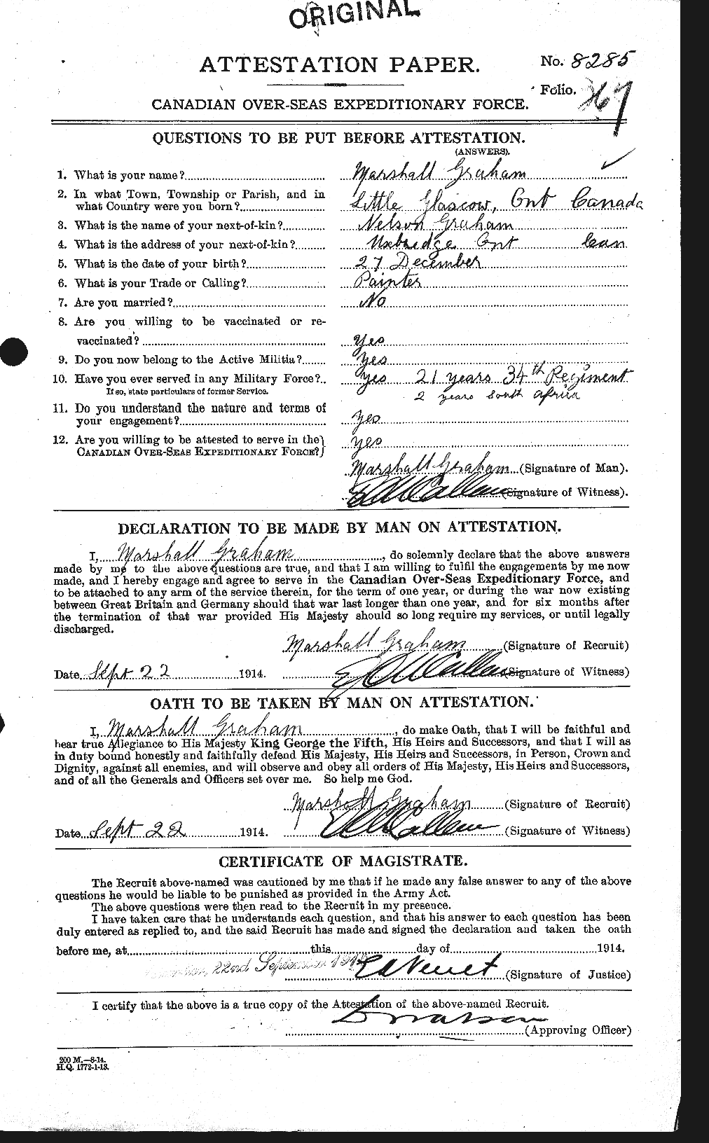 Dossiers du Personnel de la Première Guerre mondiale - CEC 359291a