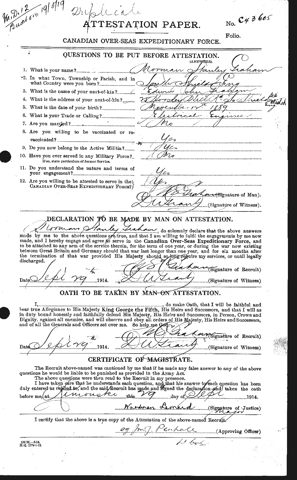 Dossiers du Personnel de la Première Guerre mondiale - CEC 359326a