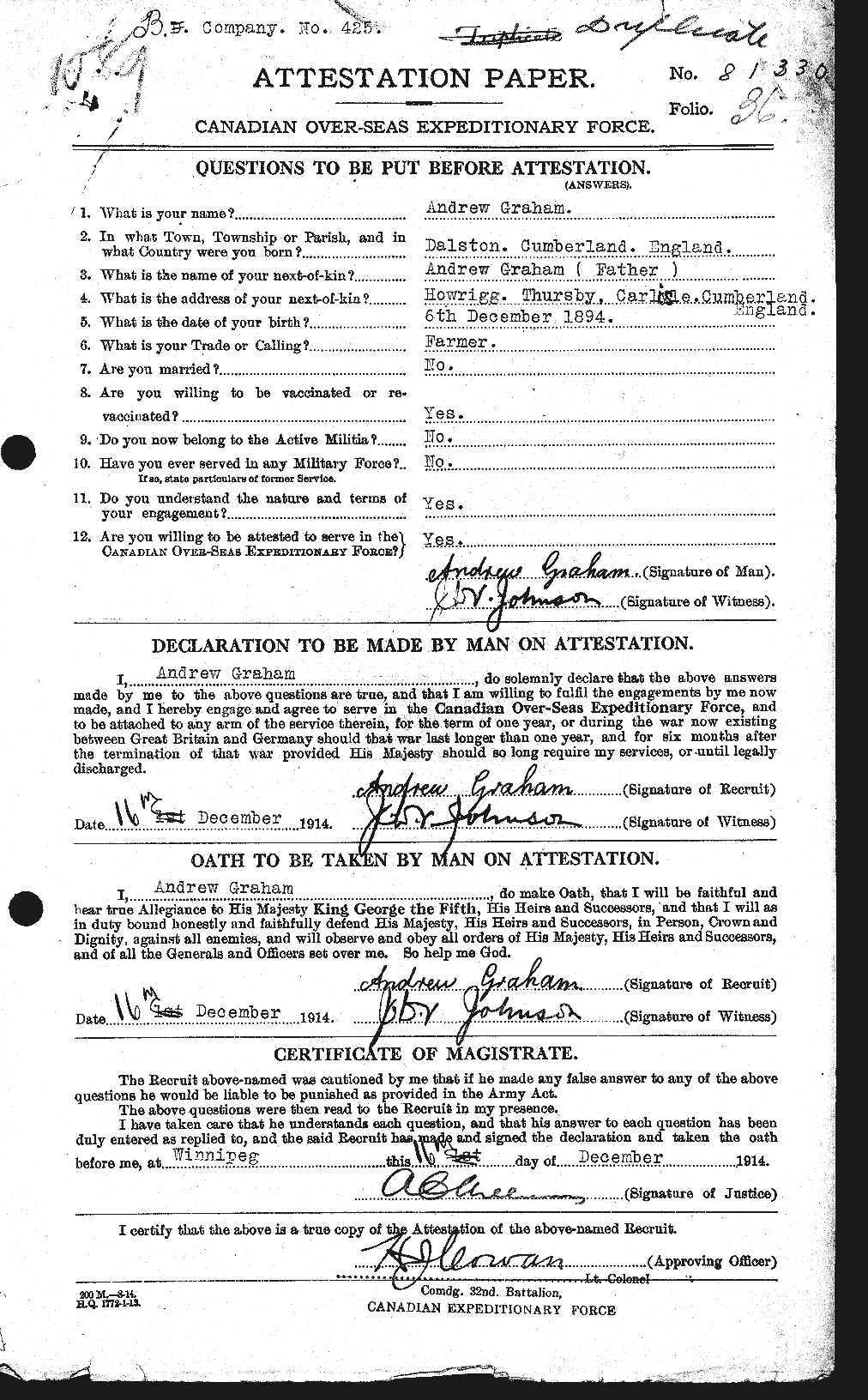 Dossiers du Personnel de la Première Guerre mondiale - CEC 359611a