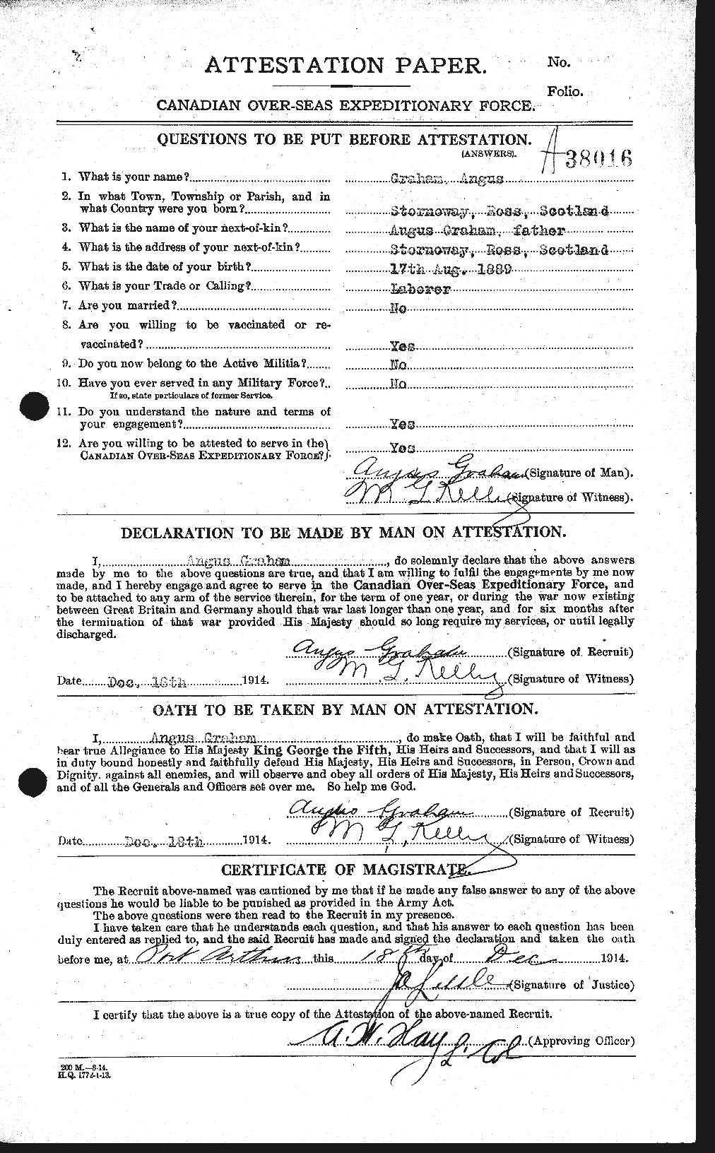 Dossiers du Personnel de la Première Guerre mondiale - CEC 359620a