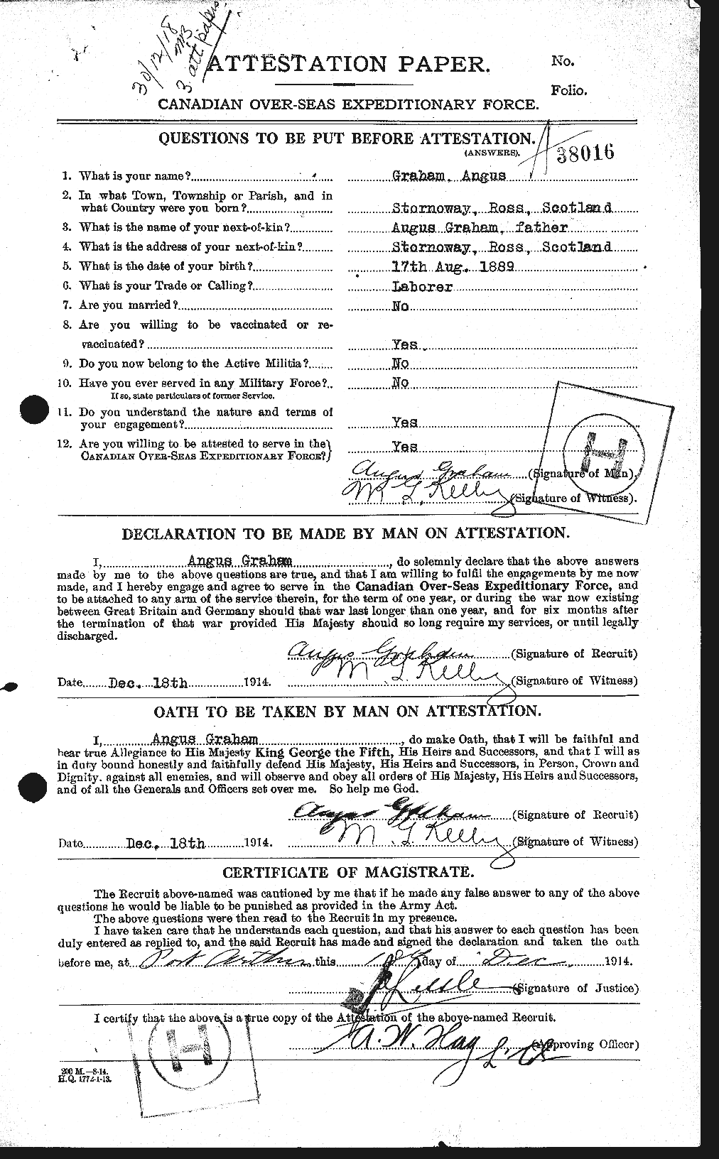 Dossiers du Personnel de la Première Guerre mondiale - CEC 359621a