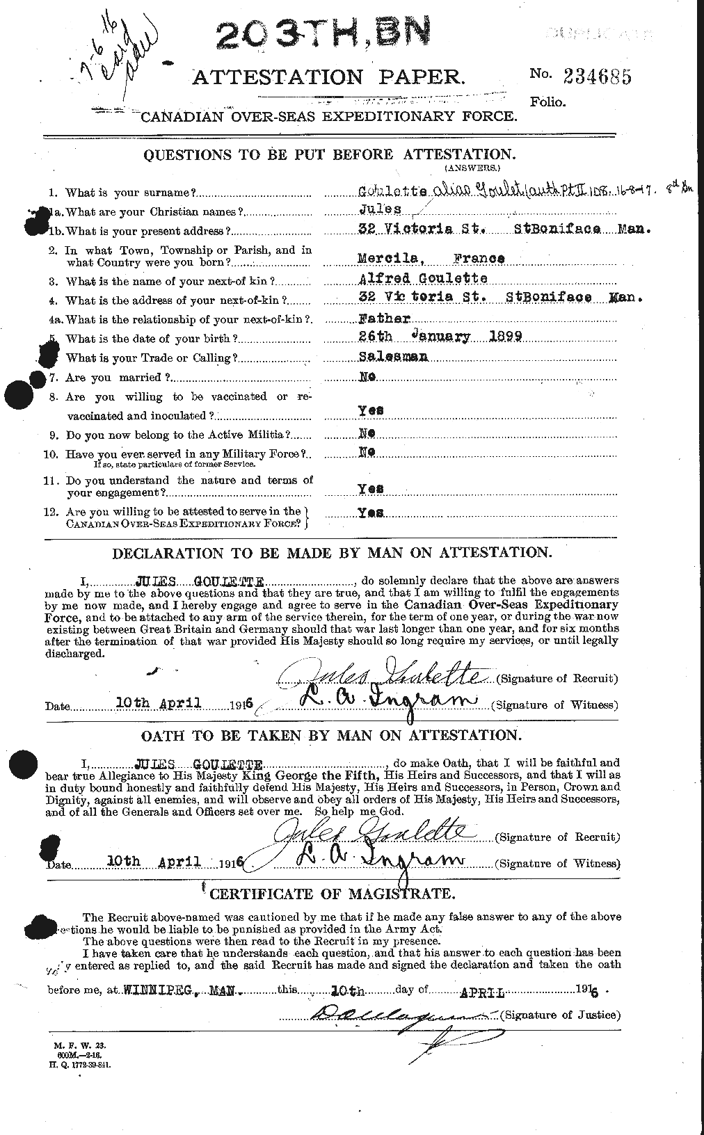 Dossiers du Personnel de la Première Guerre mondiale - CEC 360643a