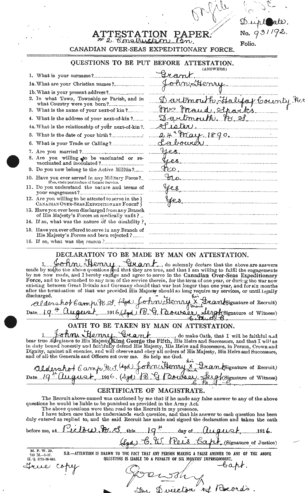 Dossiers du Personnel de la Première Guerre mondiale - CEC 360946a