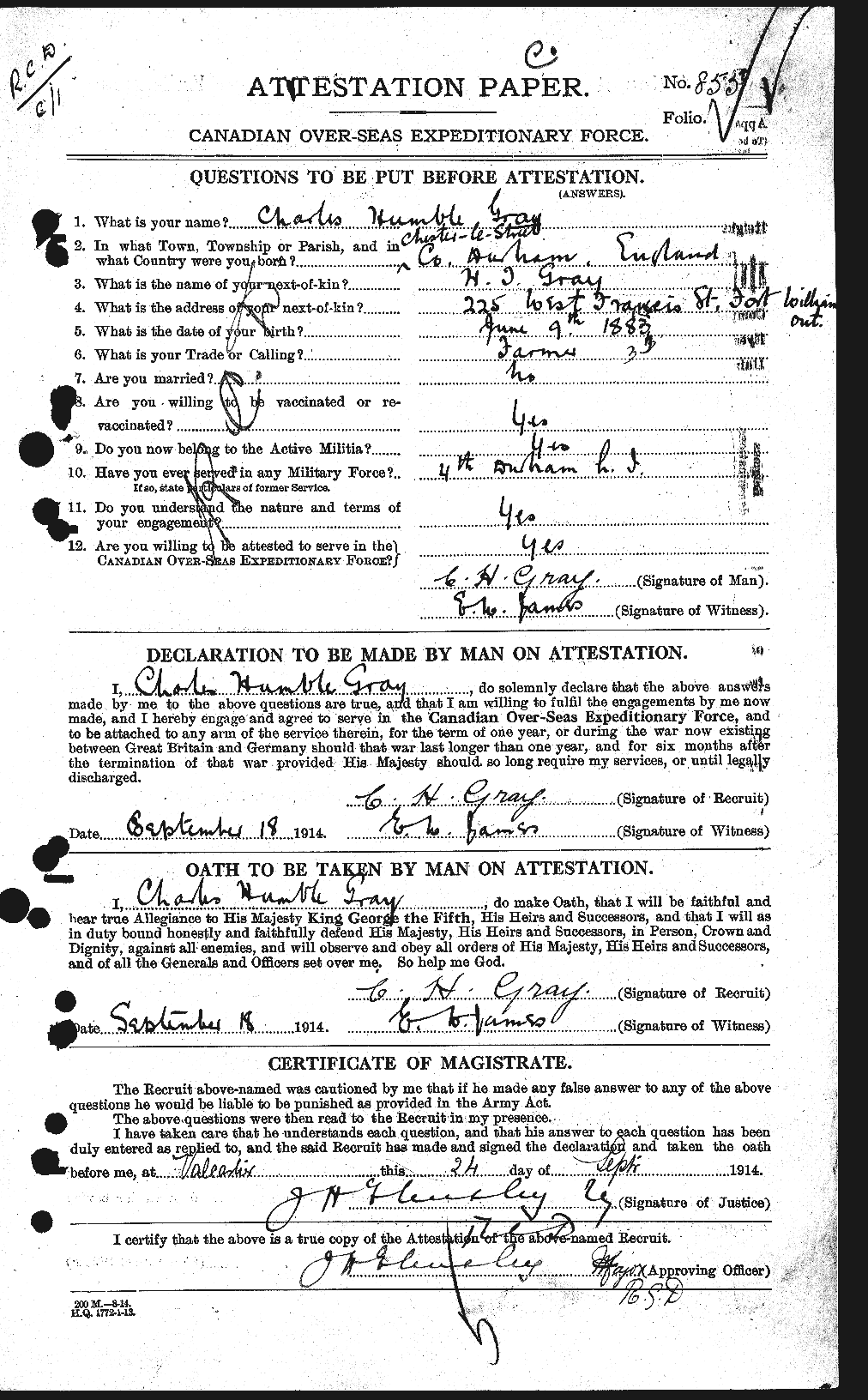 Dossiers du Personnel de la Première Guerre mondiale - CEC 361440a