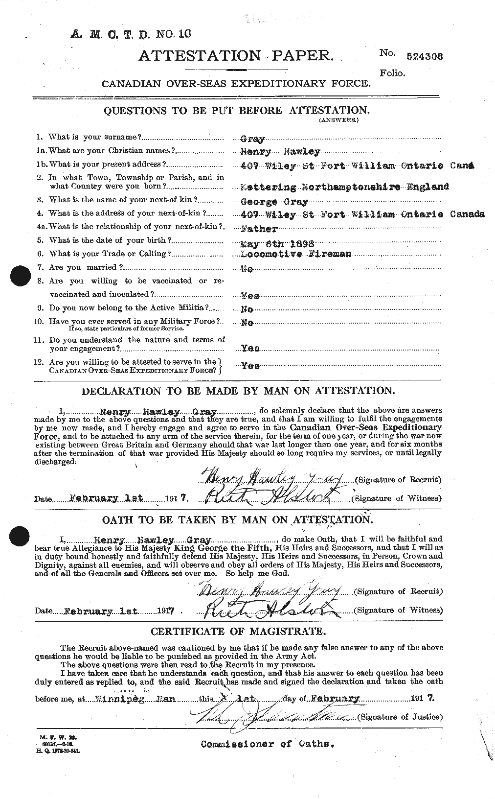 Dossiers du Personnel de la Première Guerre mondiale - CEC 363230a