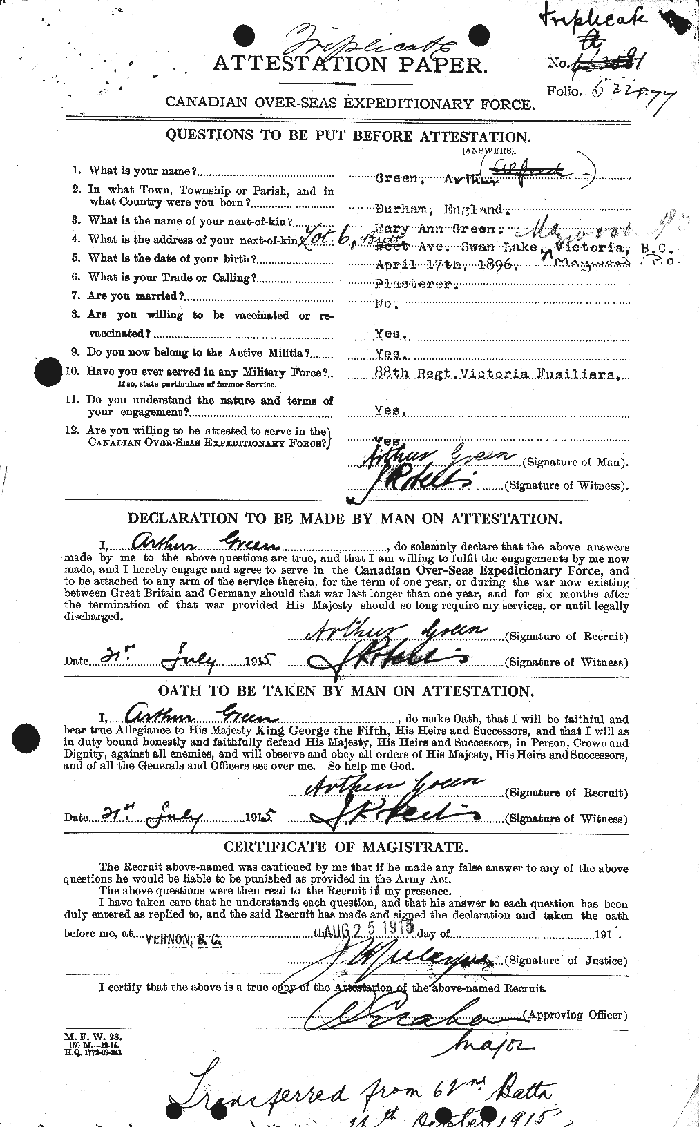 Dossiers du Personnel de la Première Guerre mondiale - CEC 363838a