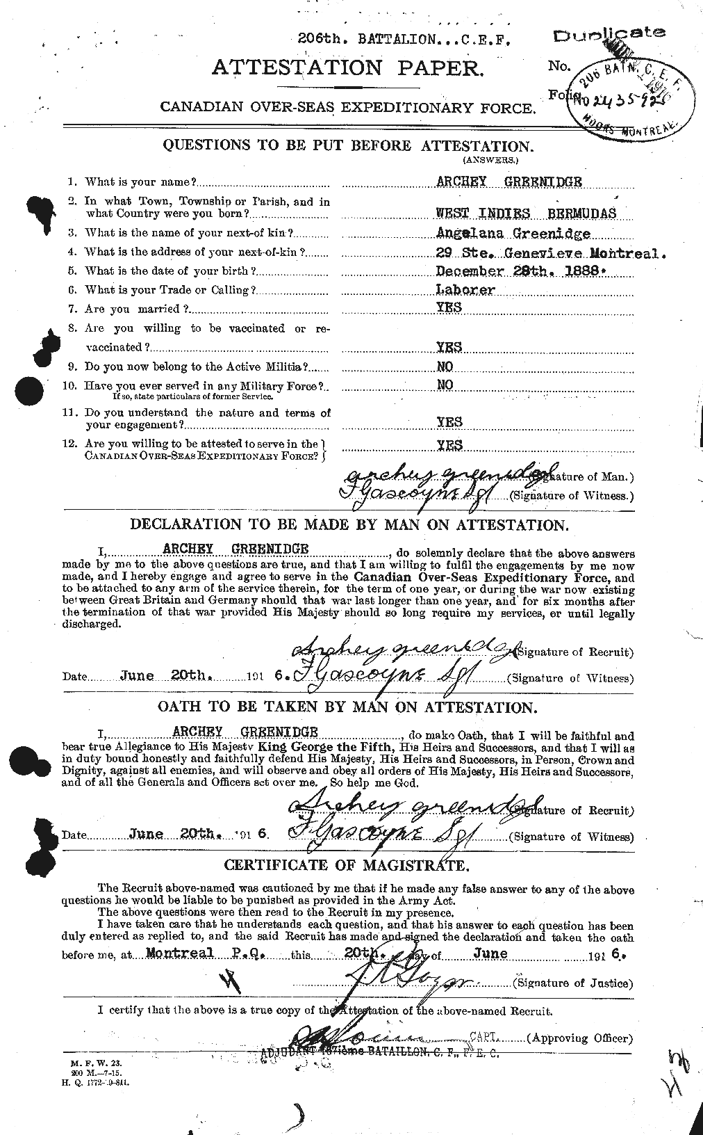 Dossiers du Personnel de la Première Guerre mondiale - CEC 364176a