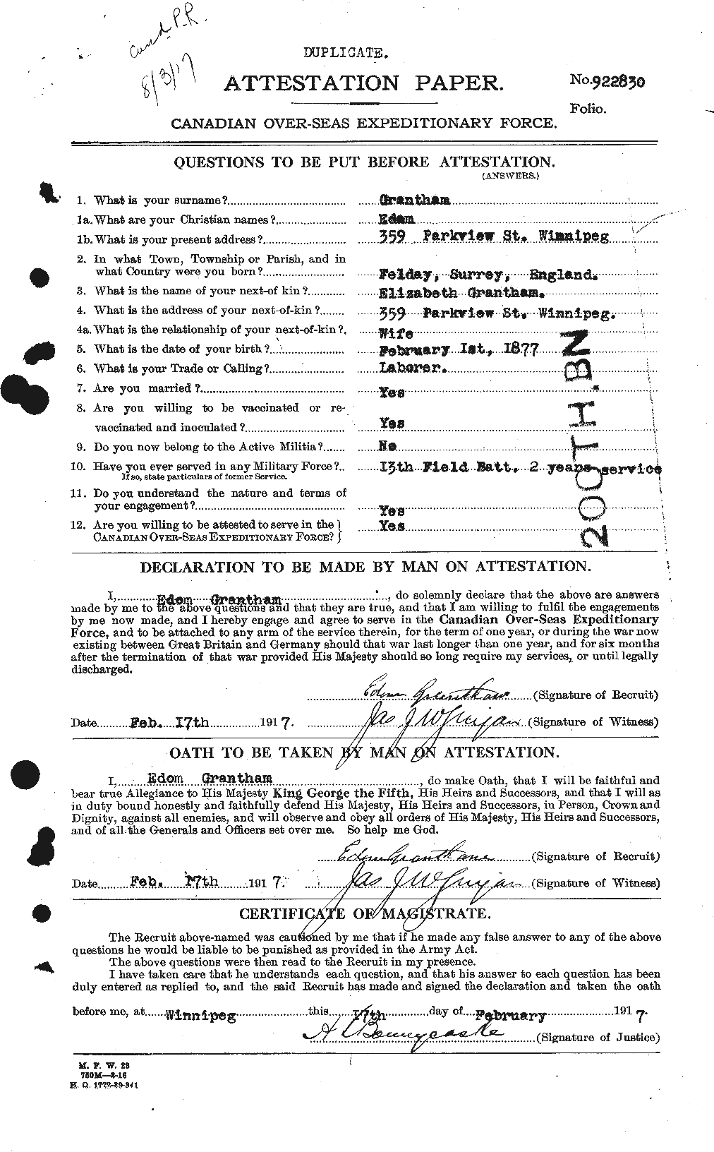 Personnel Records of the First World War - CEF 364408a