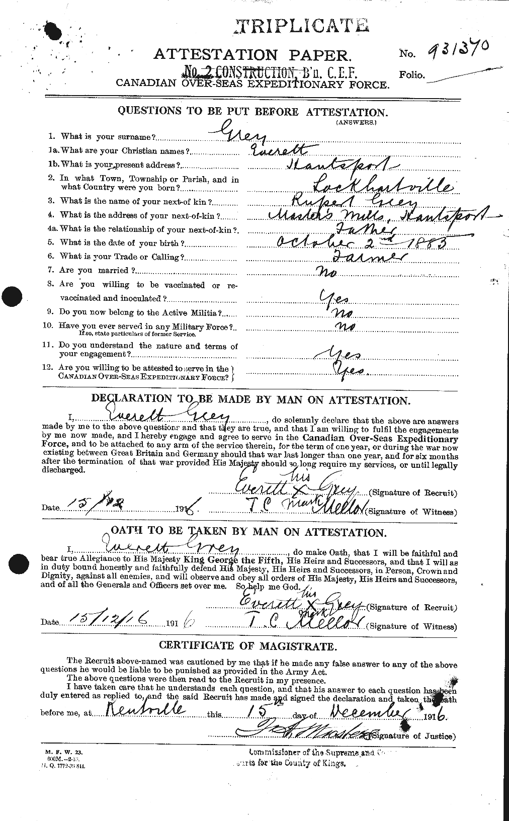 Dossiers du Personnel de la Première Guerre mondiale - CEC 367058a
