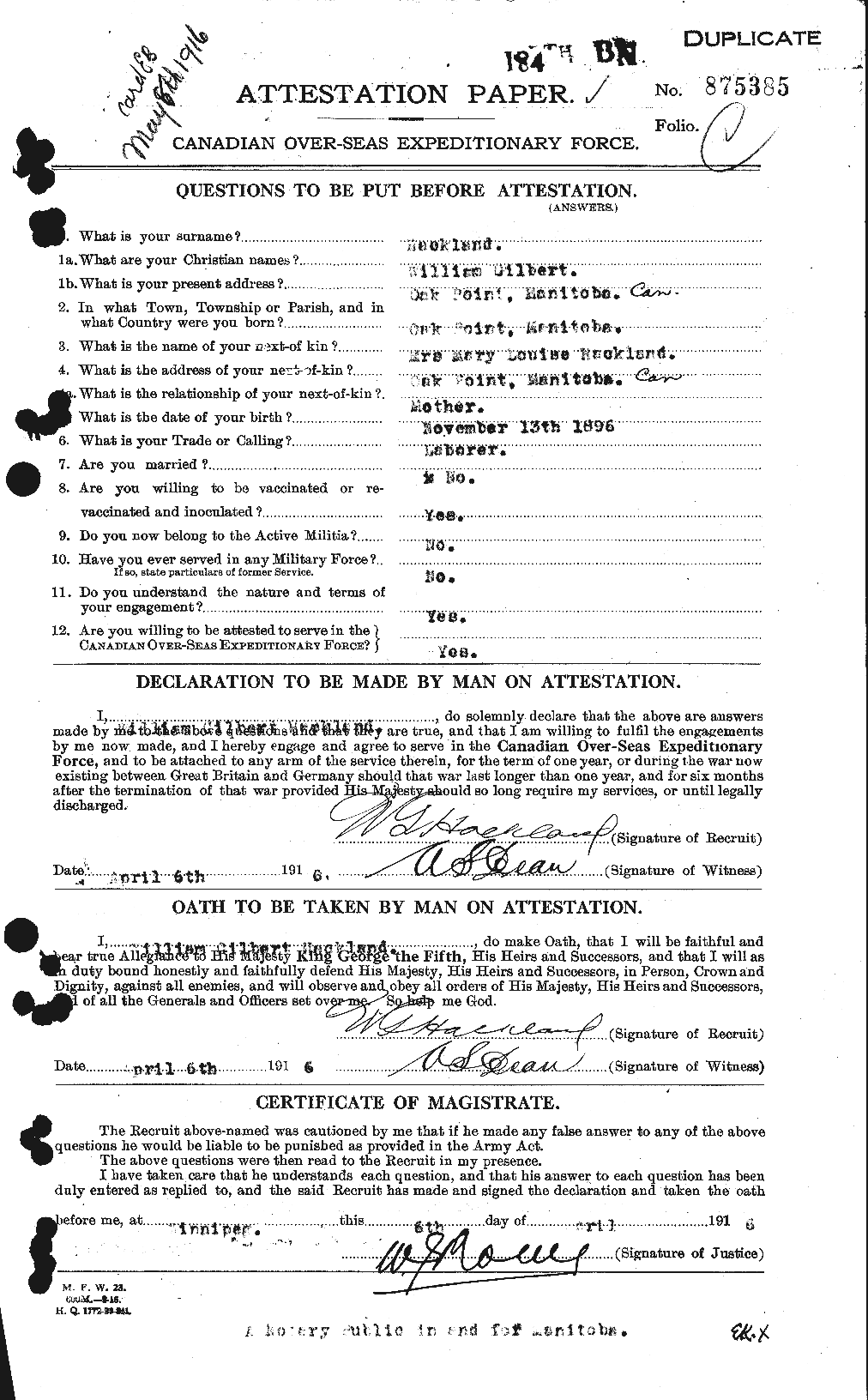 Dossiers du Personnel de la Première Guerre mondiale - CEC 368625a