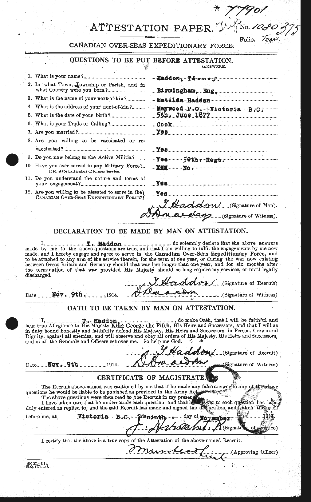 Dossiers du Personnel de la Première Guerre mondiale - CEC 368767a