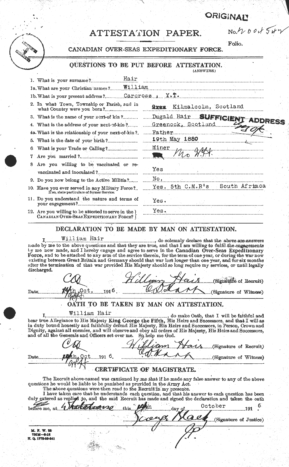 Dossiers du Personnel de la Première Guerre mondiale - CEC 369585a