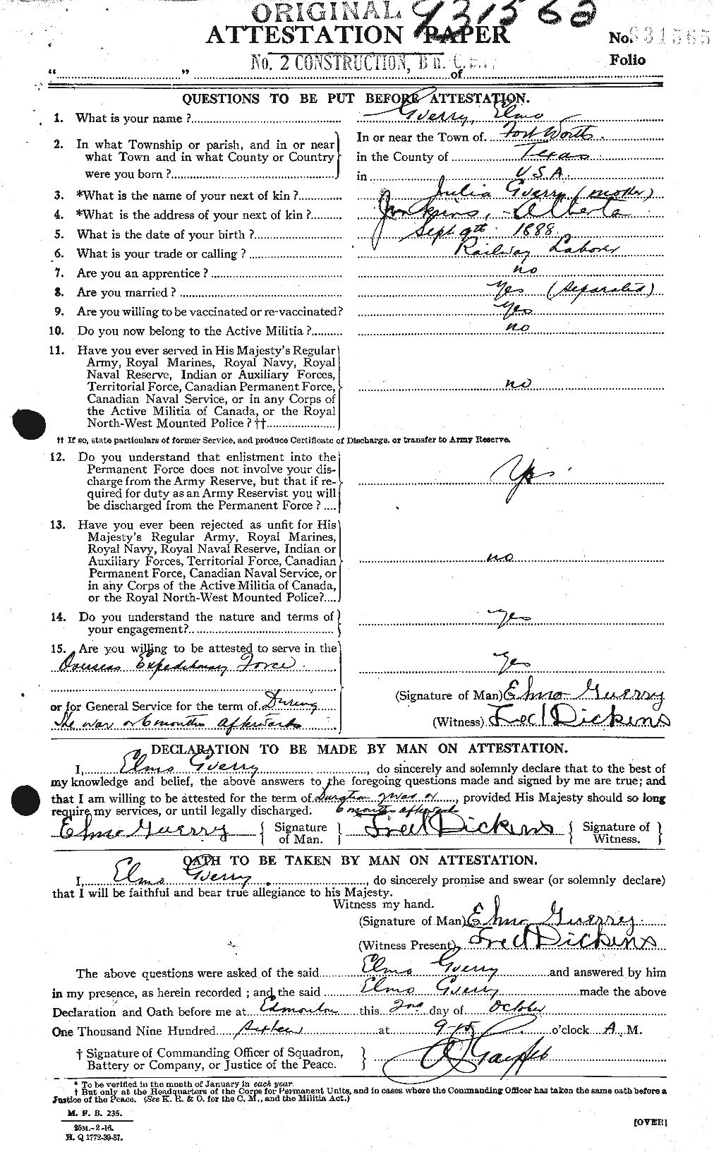 Dossiers du Personnel de la Première Guerre mondiale - CEC 369742a