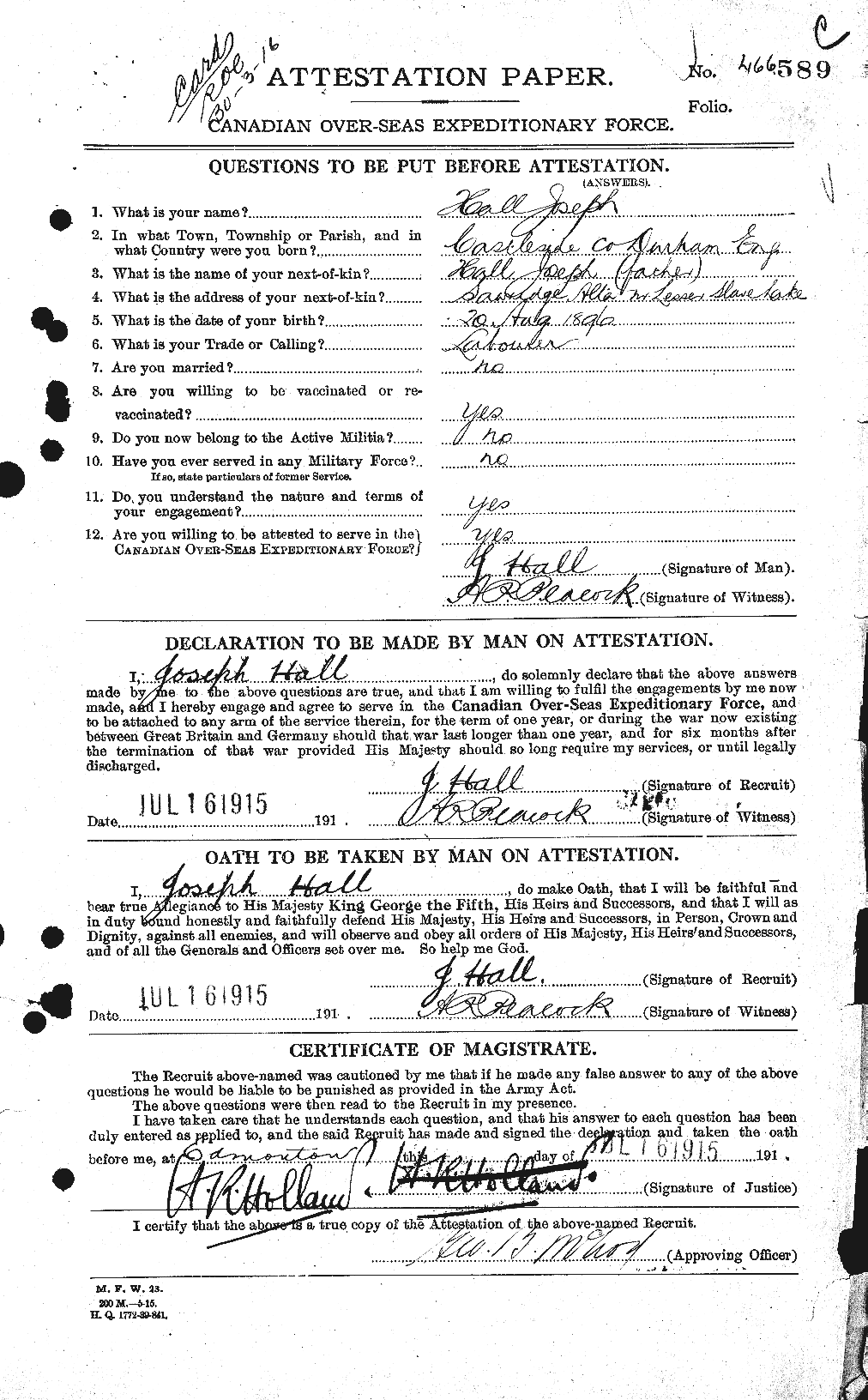 Dossiers du Personnel de la Première Guerre mondiale - CEC 369777a