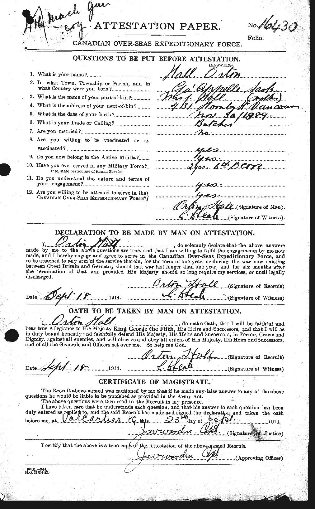 Dossiers du Personnel de la Première Guerre mondiale - CEC 369861a