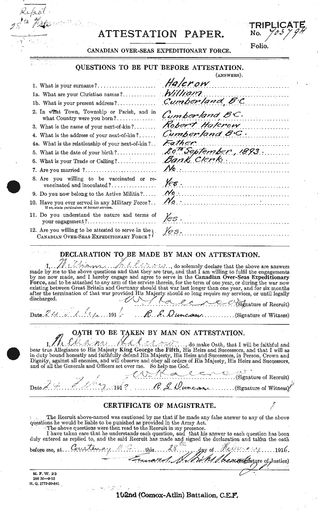 Dossiers du Personnel de la Première Guerre mondiale - CEC 370305a