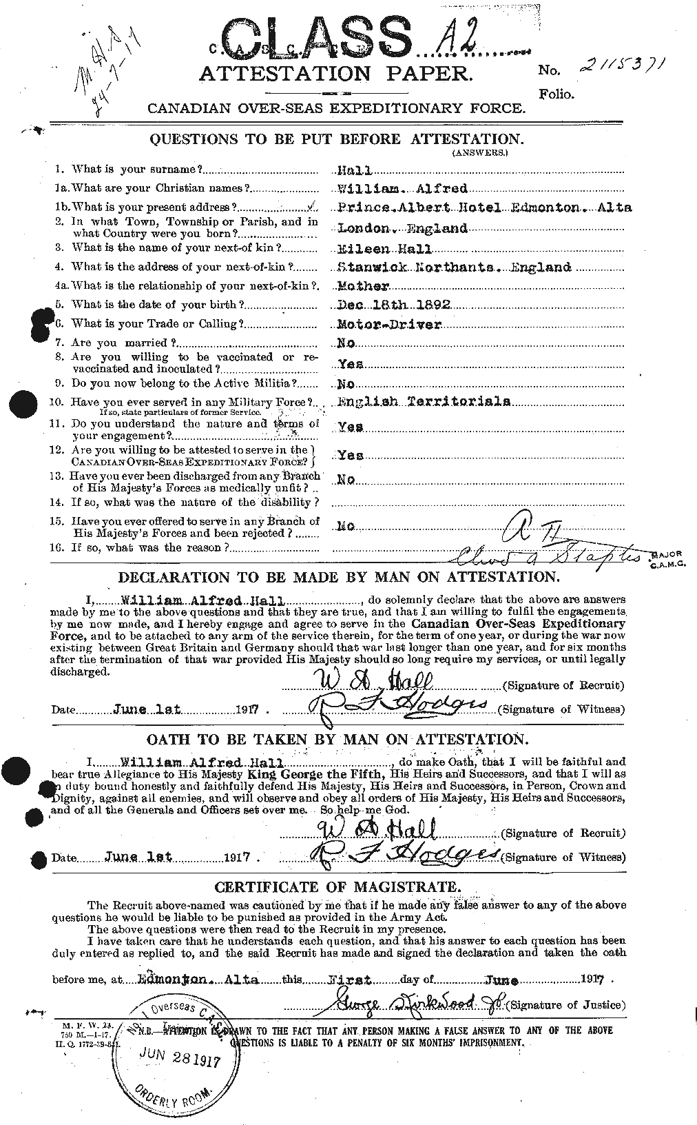 Dossiers du Personnel de la Première Guerre mondiale - CEC 371122a