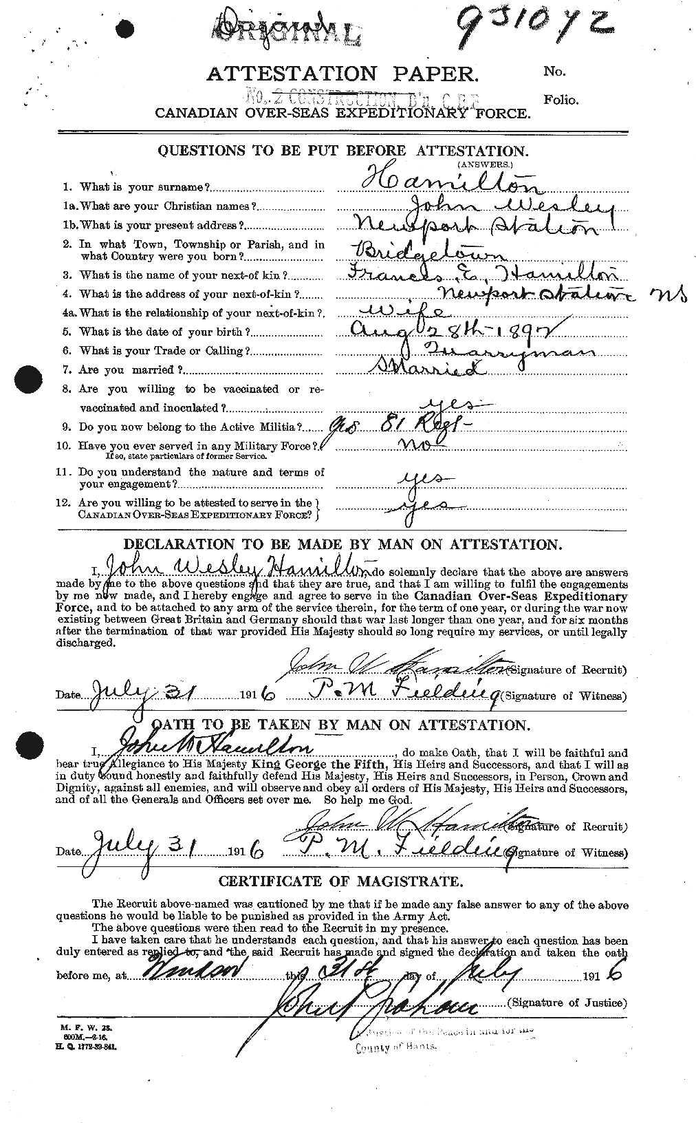 Dossiers du Personnel de la Première Guerre mondiale - CEC 373129a