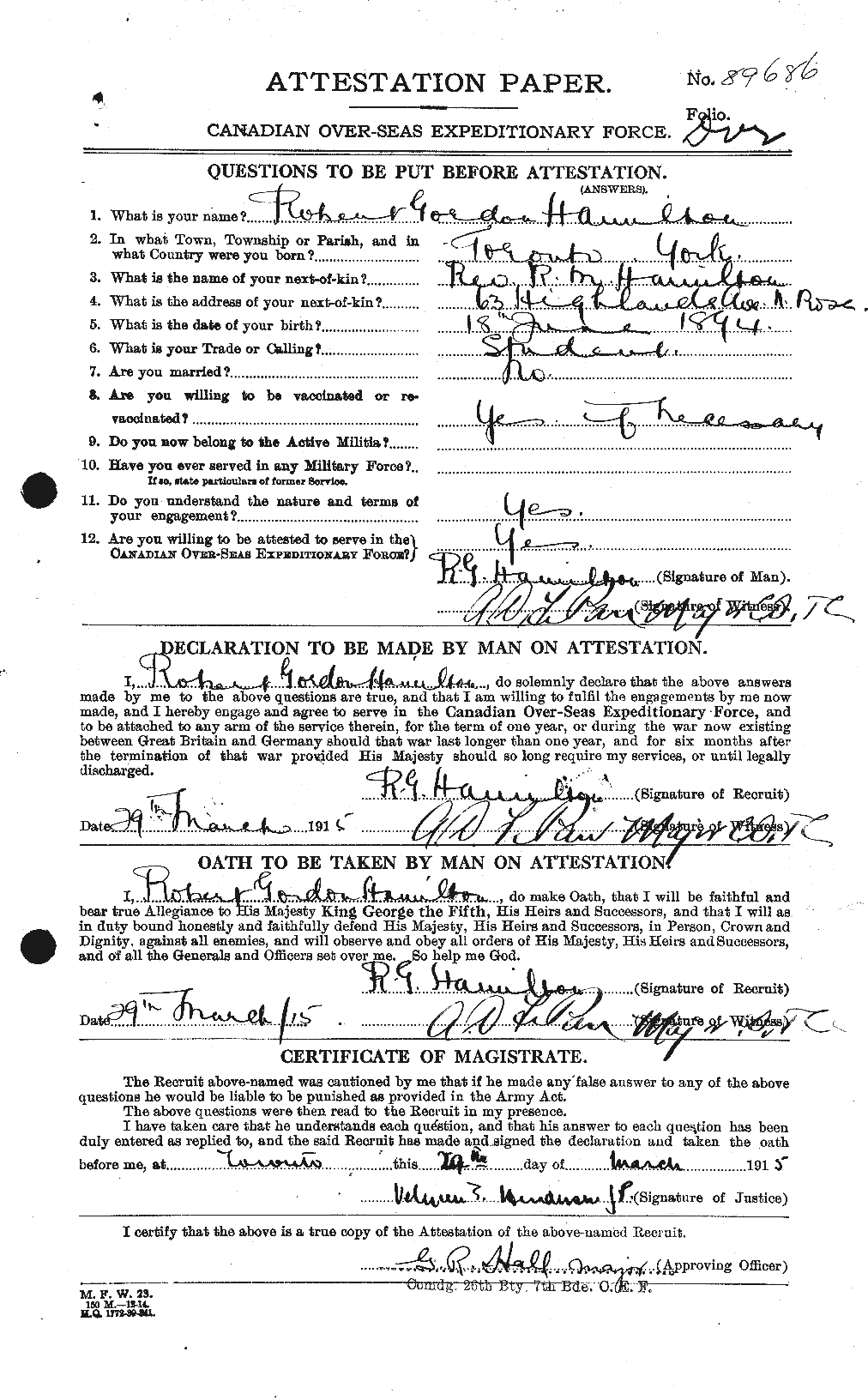 Dossiers du Personnel de la Première Guerre mondiale - CEC 373258a