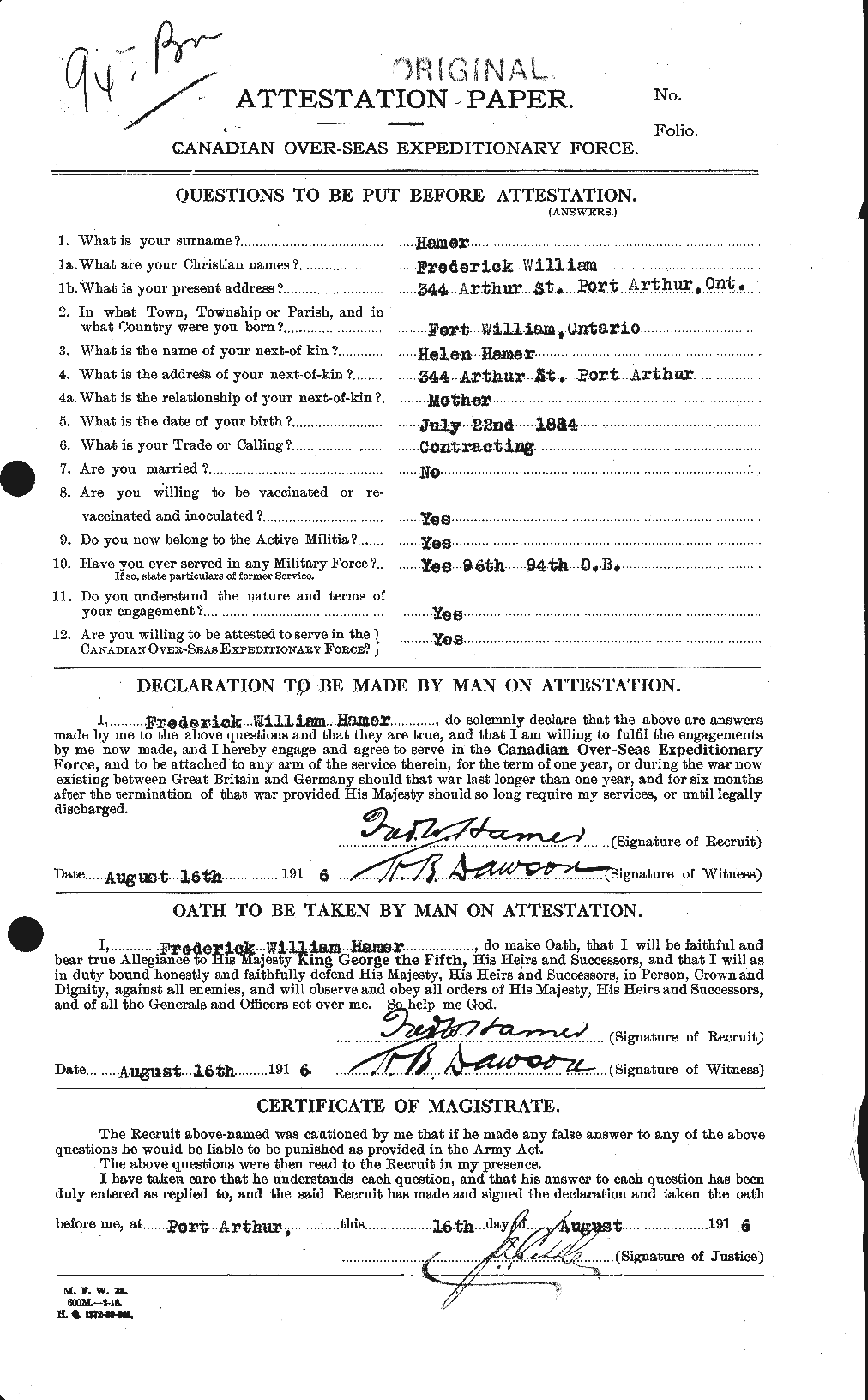 Dossiers du Personnel de la Première Guerre mondiale - CEC 375078a