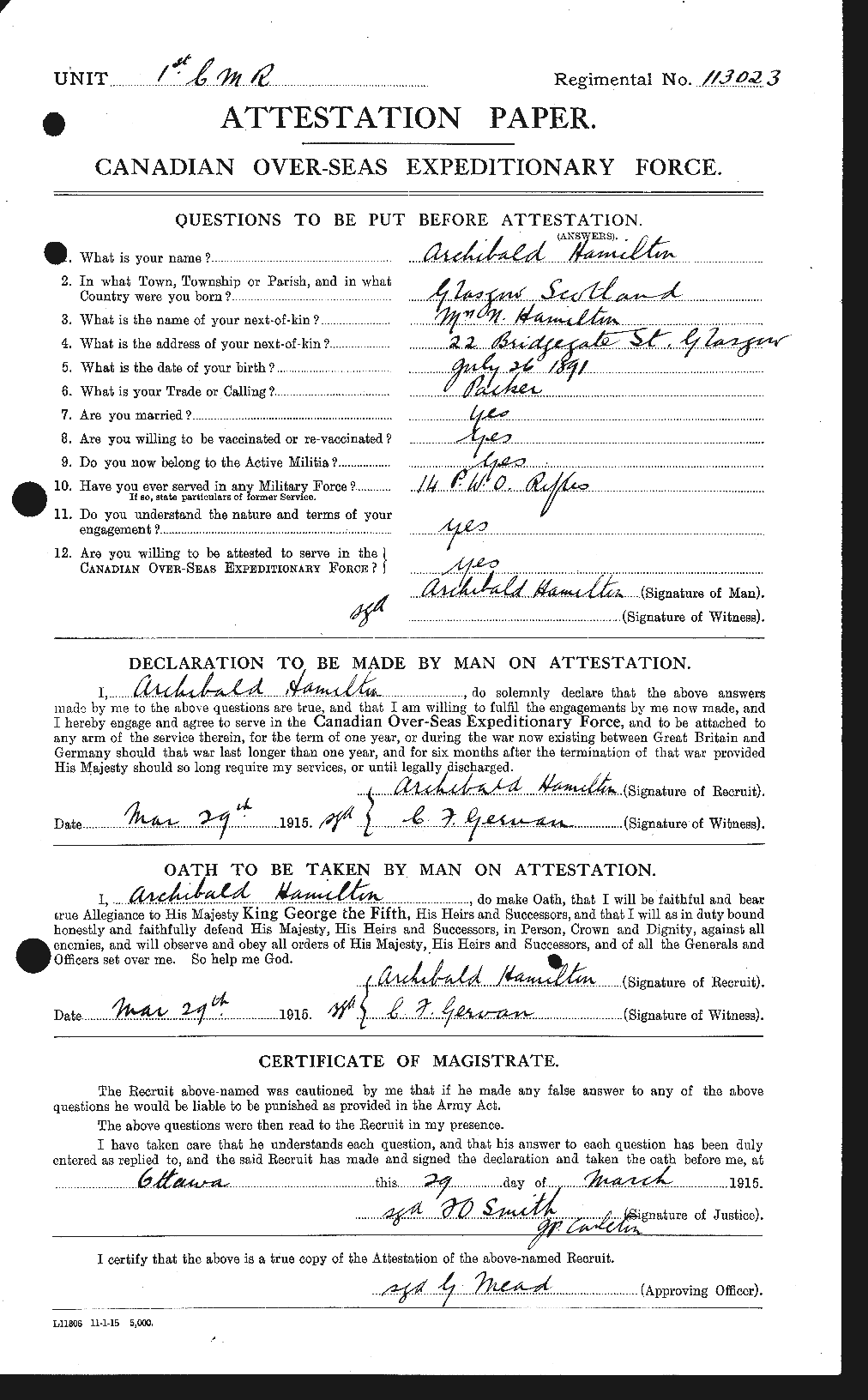 Dossiers du Personnel de la Première Guerre mondiale - CEC 375243a