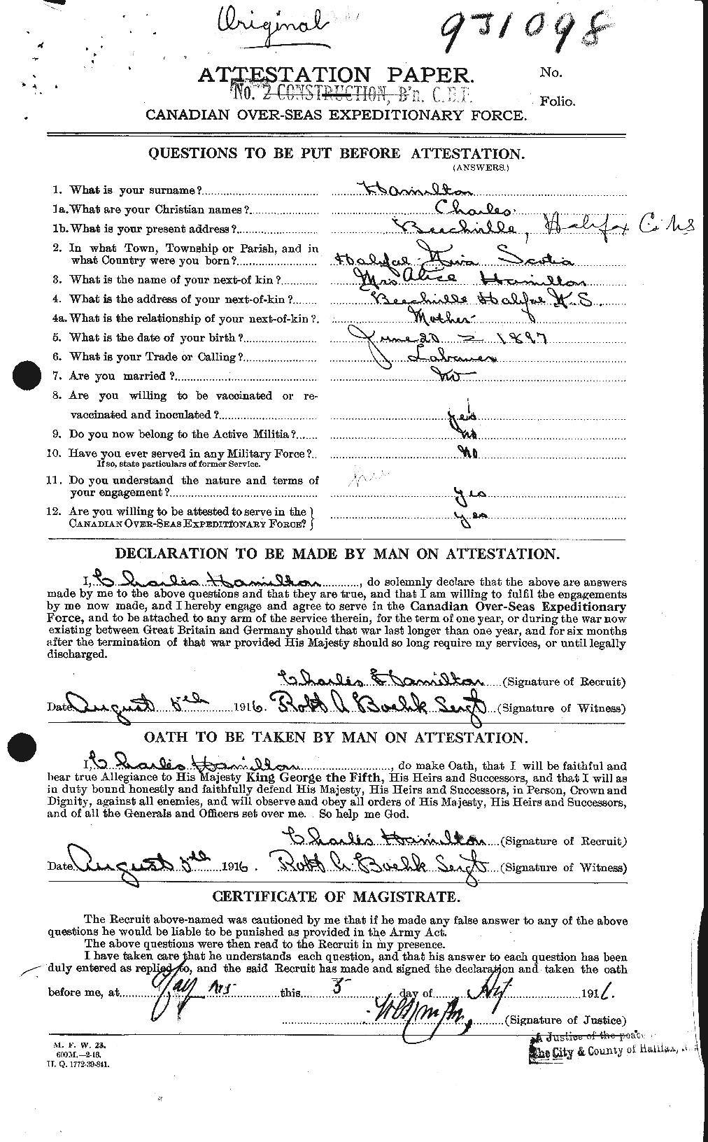 Dossiers du Personnel de la Première Guerre mondiale - CEC 375298a