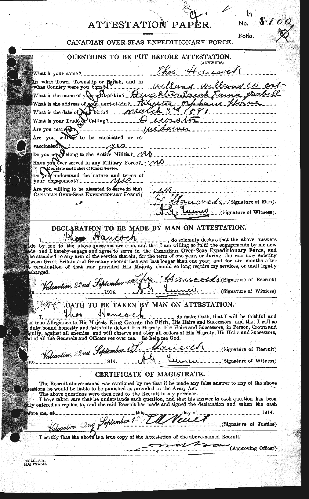 Dossiers du Personnel de la Première Guerre mondiale - CEC 375503a