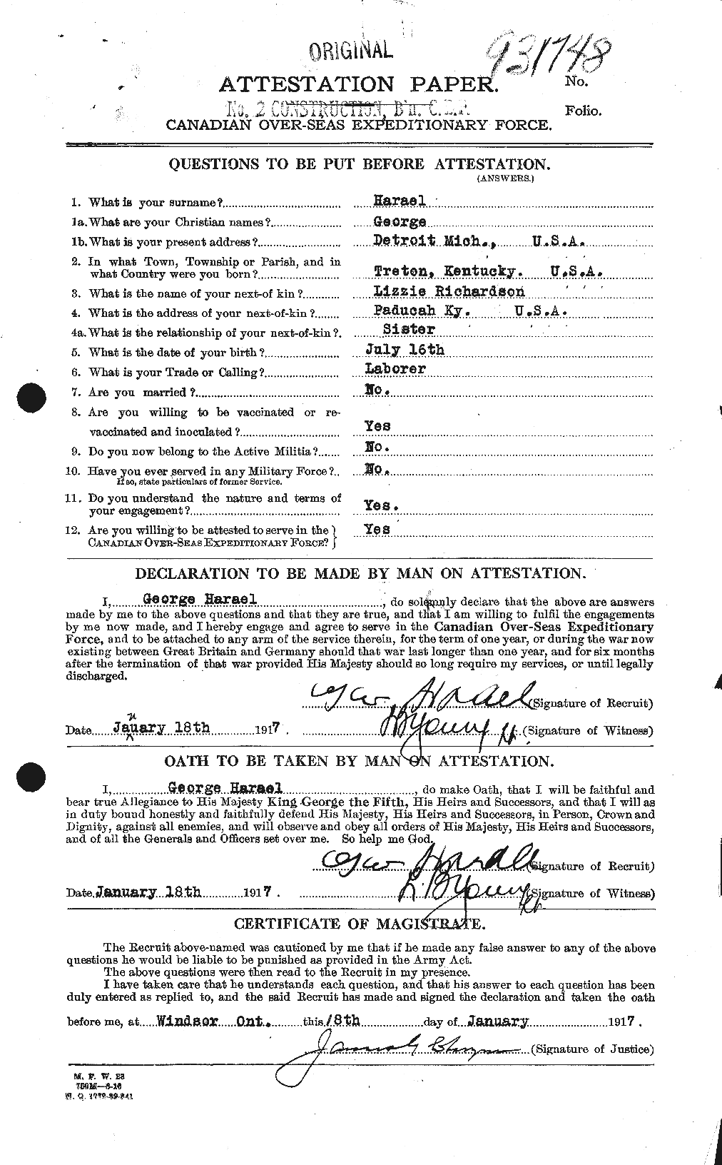 Dossiers du Personnel de la Première Guerre mondiale - CEC 376106a