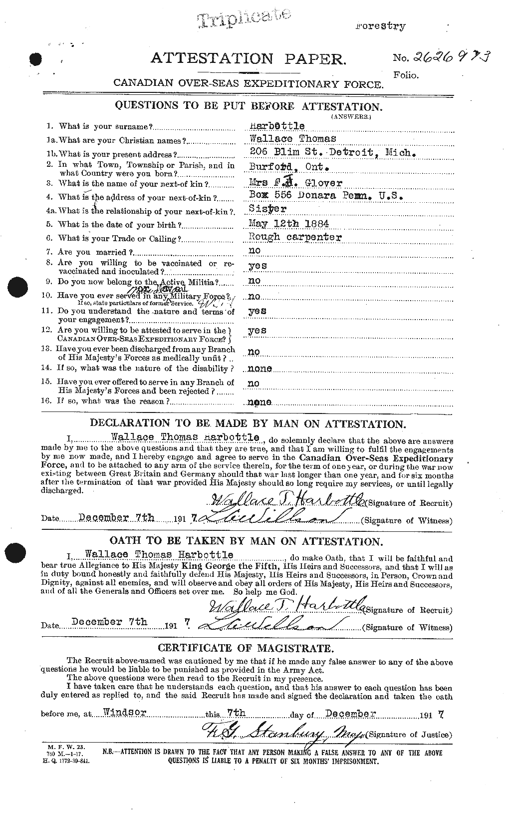 Dossiers du Personnel de la Première Guerre mondiale - CEC 376175a
