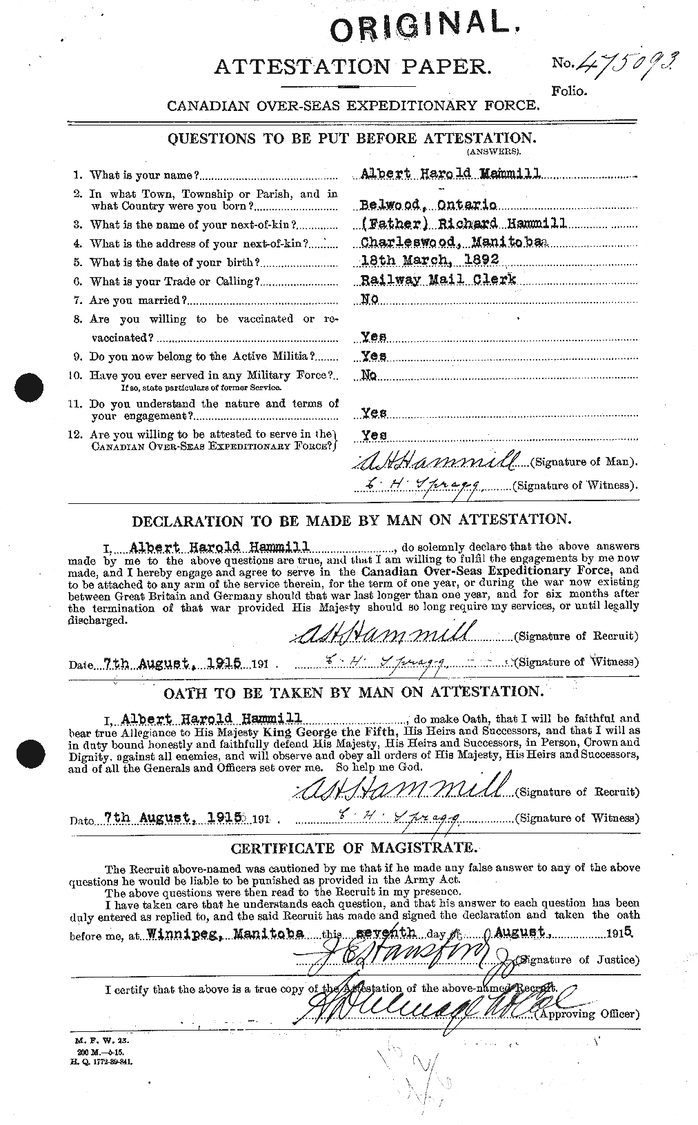 Dossiers du Personnel de la Première Guerre mondiale - CEC 376297a