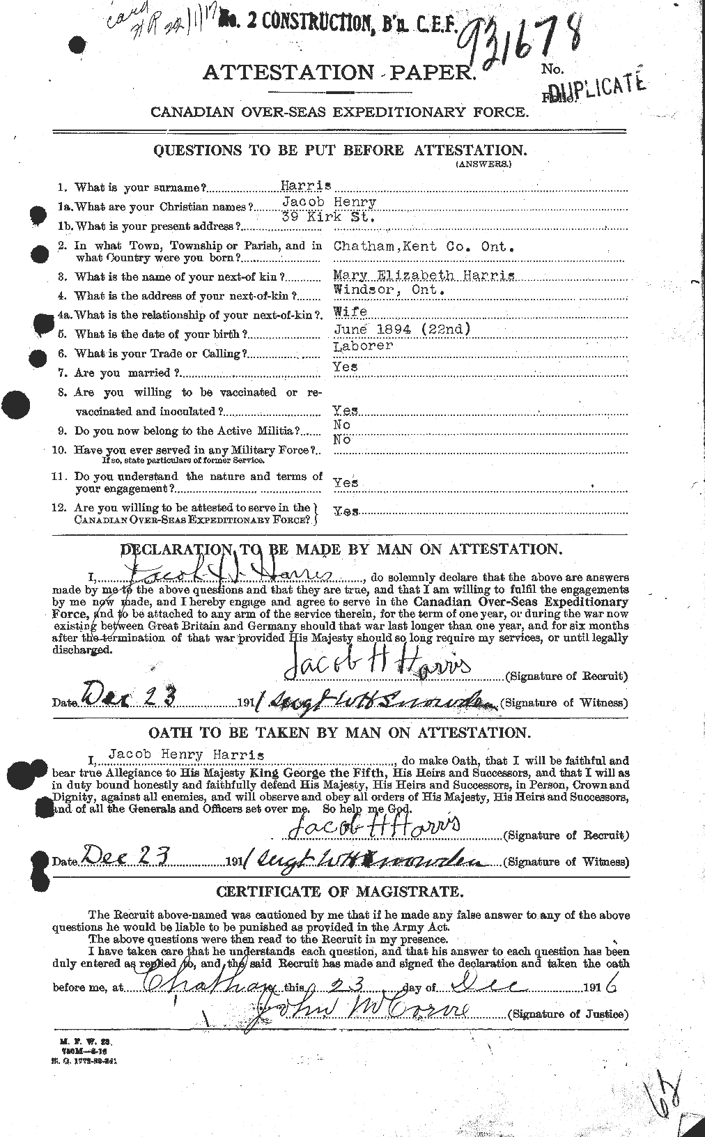 Dossiers du Personnel de la Première Guerre mondiale - CEC 377170a