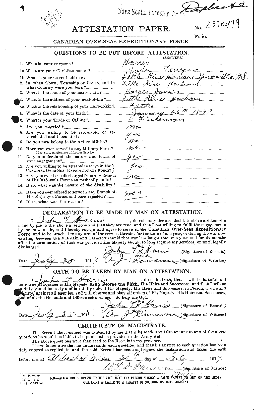 Dossiers du Personnel de la Première Guerre mondiale - CEC 377282a