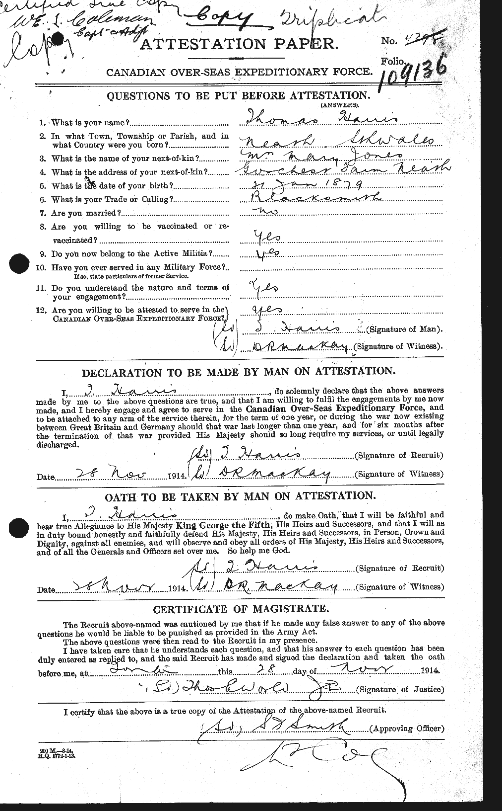 Dossiers du Personnel de la Première Guerre mondiale - CEC 378233a
