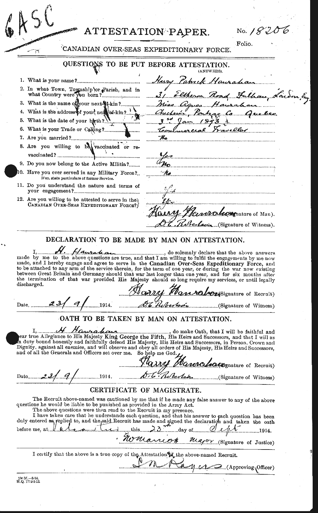 Dossiers du Personnel de la Première Guerre mondiale - CEC 378551a