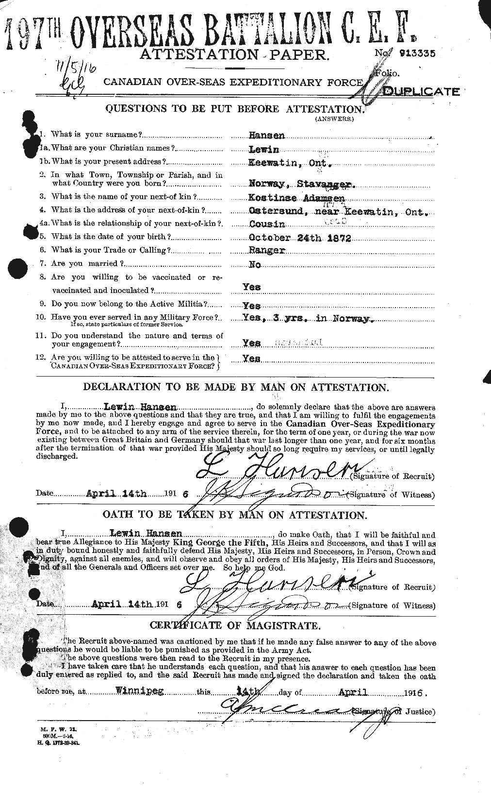 Dossiers du Personnel de la Première Guerre mondiale - CEC 378711a