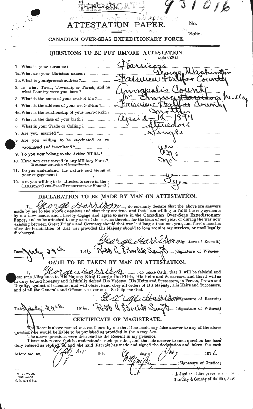 Dossiers du Personnel de la Première Guerre mondiale - CEC 380461a