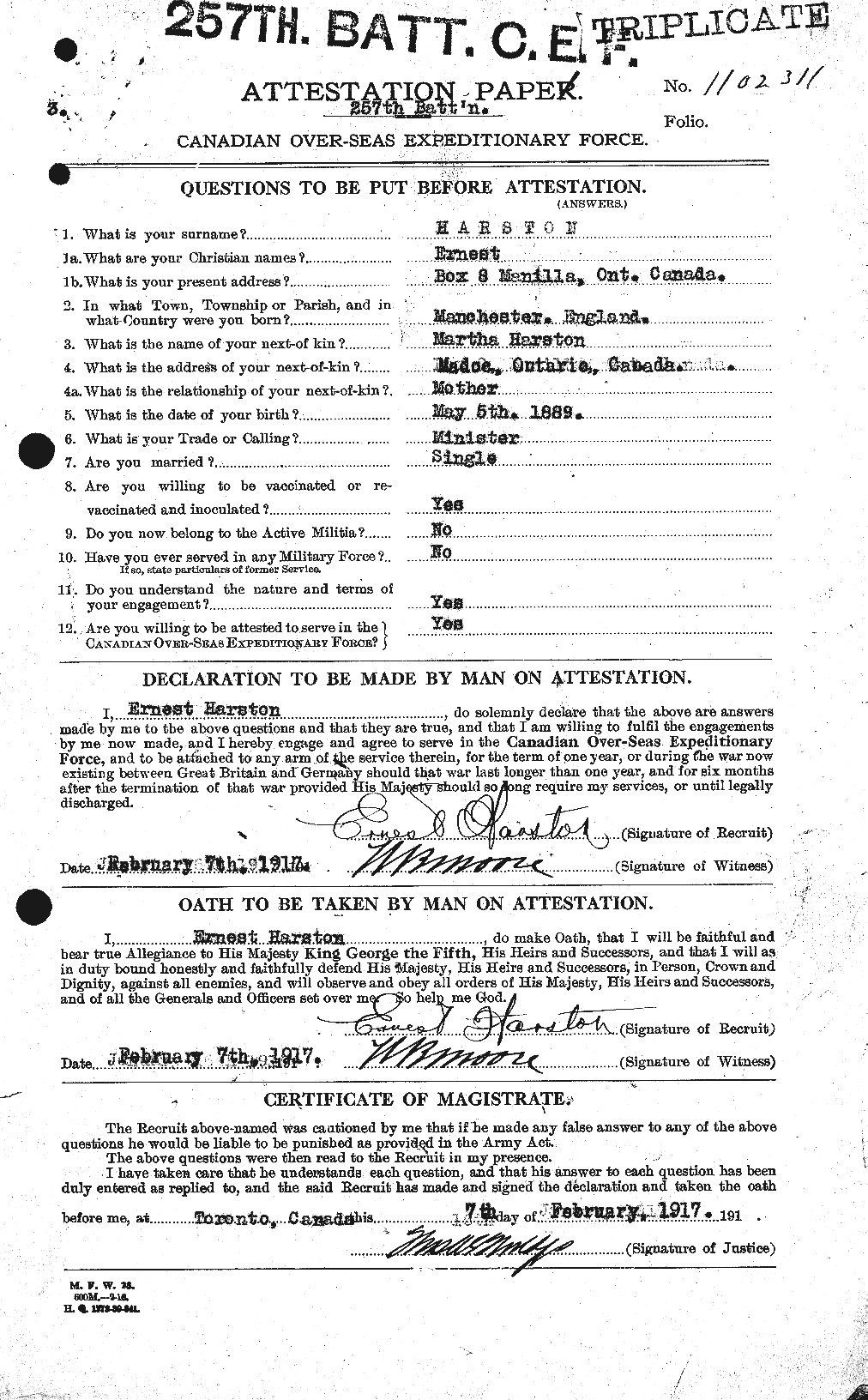 Dossiers du Personnel de la Première Guerre mondiale - CEC 381783a