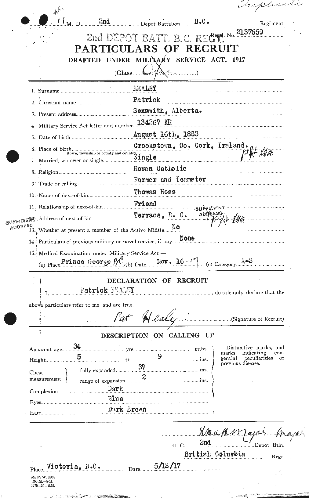 Dossiers du Personnel de la Première Guerre mondiale - CEC 383837a