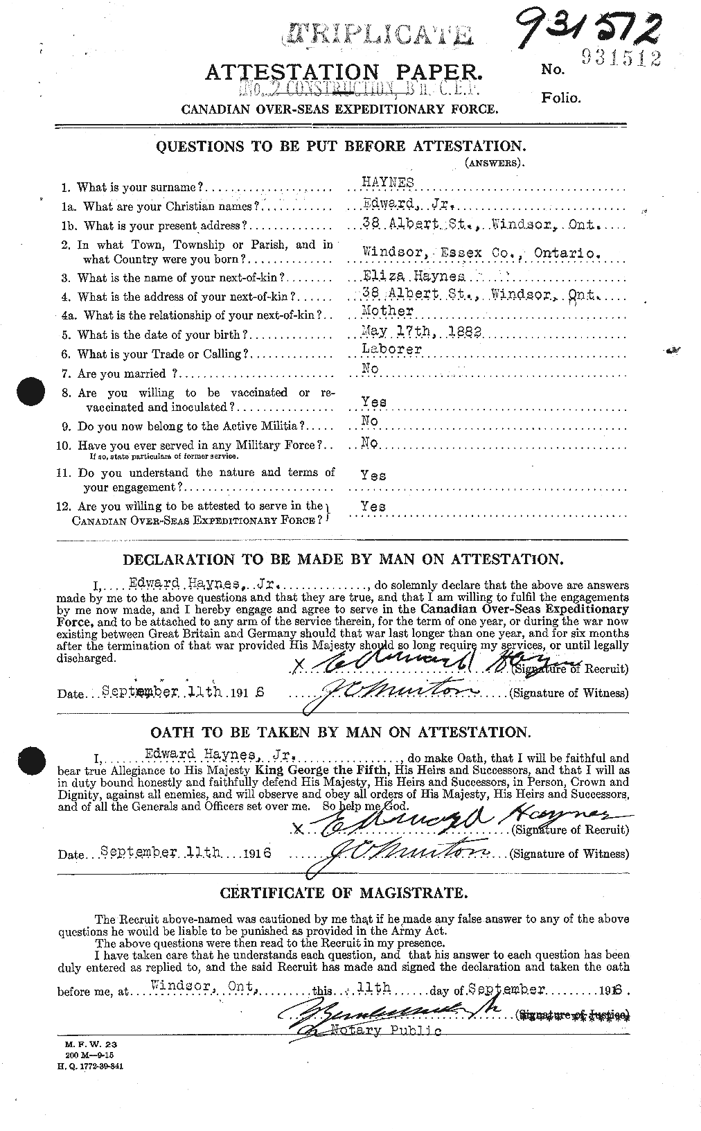 Dossiers du Personnel de la Première Guerre mondiale - CEC 384340a