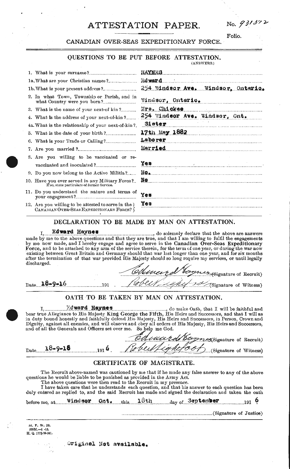 Dossiers du Personnel de la Première Guerre mondiale - CEC 384341a
