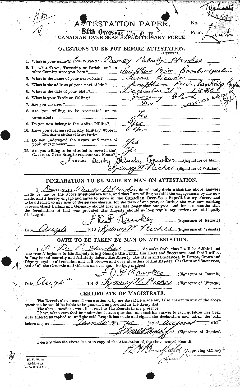 Dossiers du Personnel de la Première Guerre mondiale - CEC 384524a