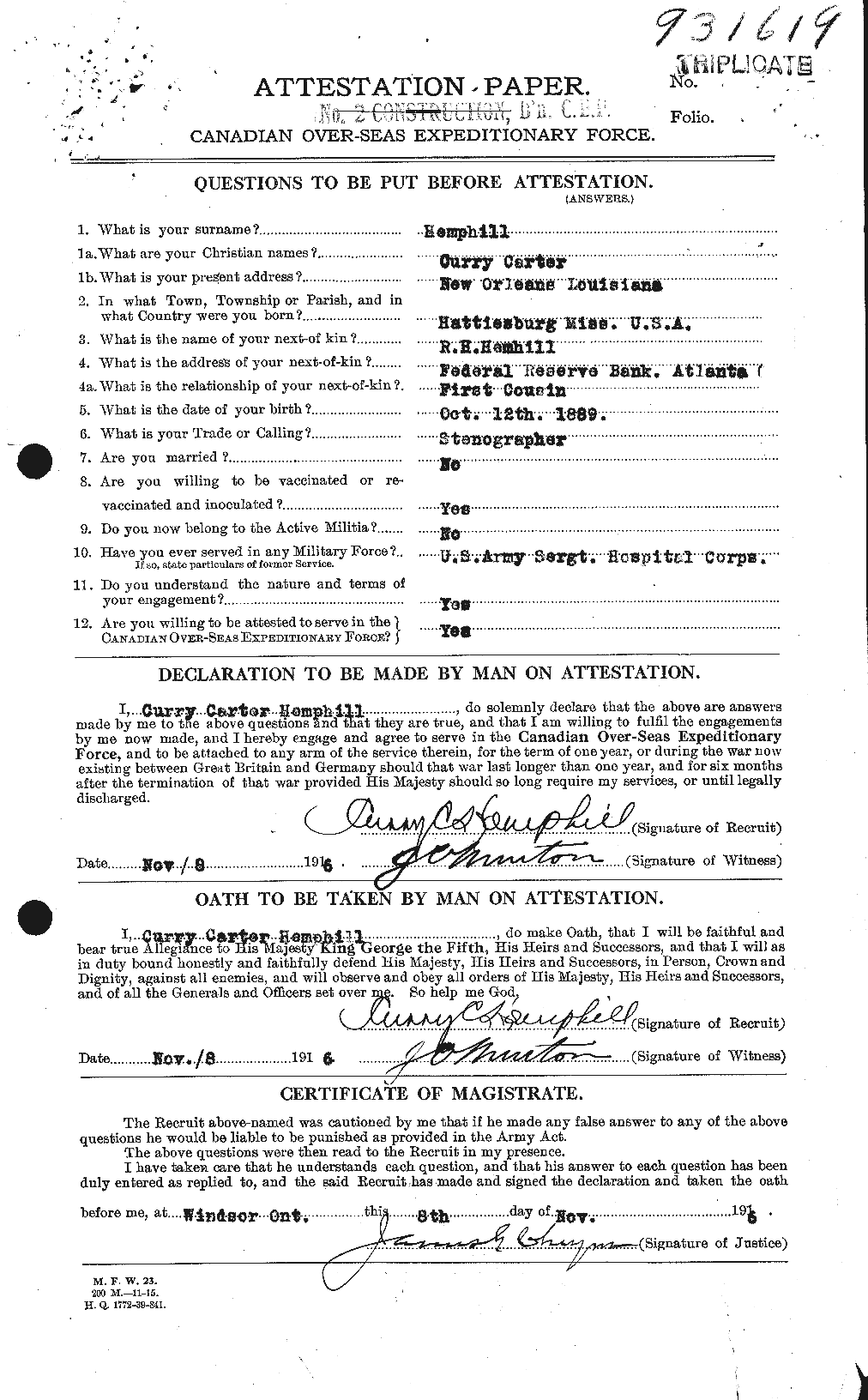 Dossiers du Personnel de la Première Guerre mondiale - CEC 385274a