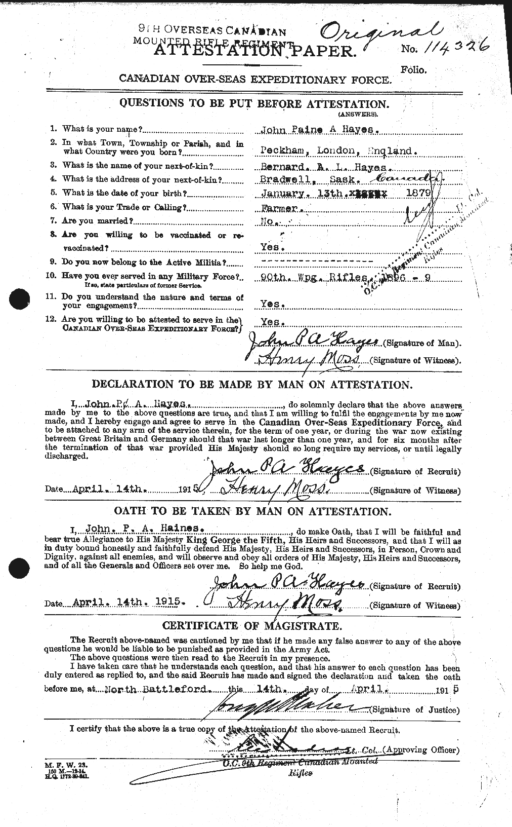 Dossiers du Personnel de la Première Guerre mondiale - CEC 385585a