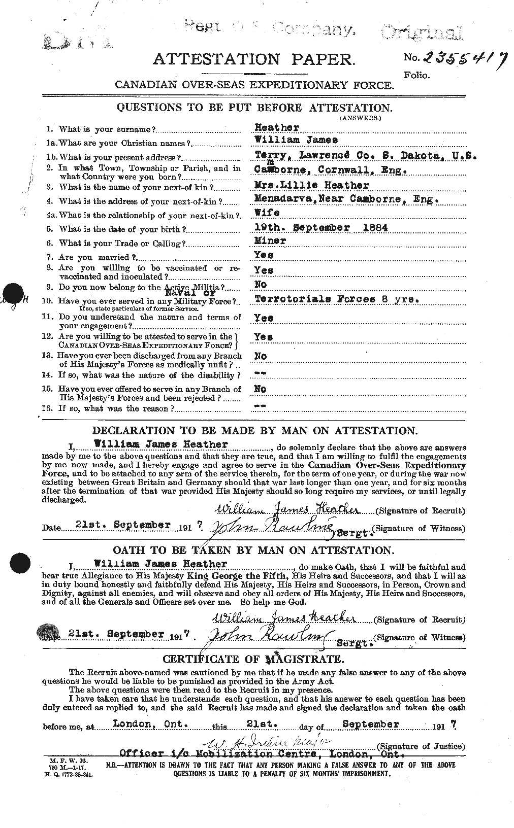 Dossiers du Personnel de la Première Guerre mondiale - CEC 386383a