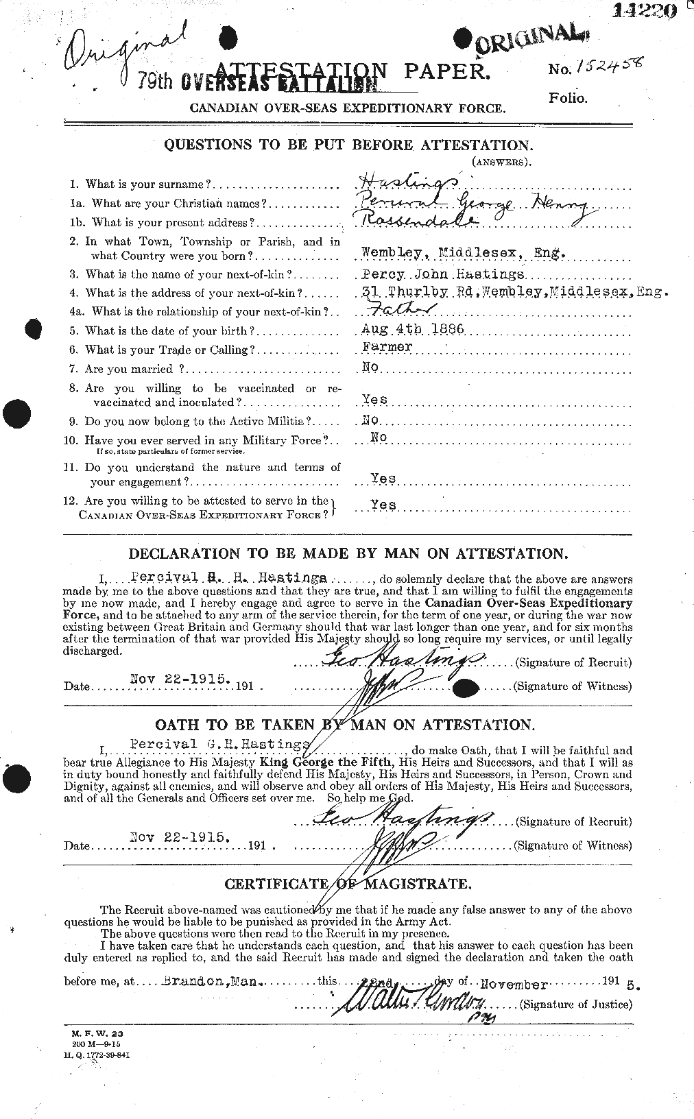 Dossiers du Personnel de la Première Guerre mondiale - CEC 388239a